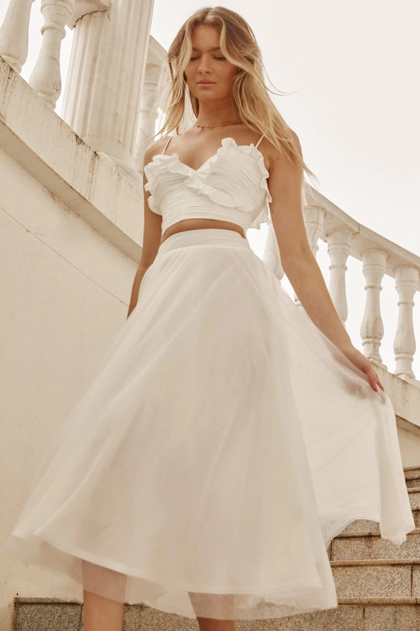 Jasmine Organza Mesh Elasticated Waist Midi Skirt White - Image 4