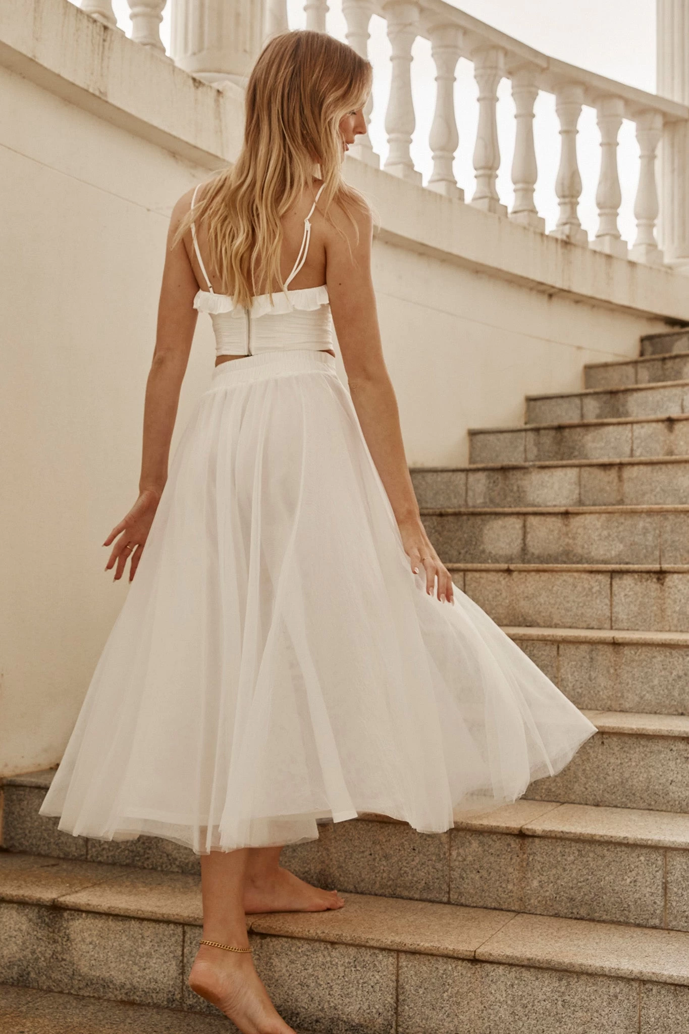 Jasmine Organza Mesh Elasticated Waist Midi Skirt White - Image 5