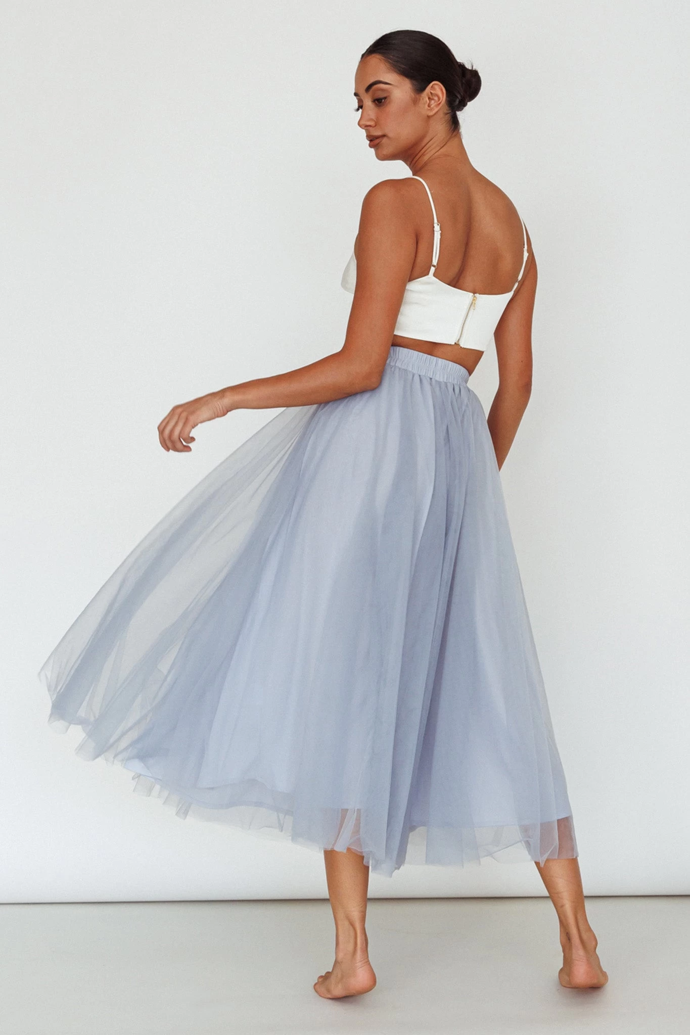Jasmine Organza Mesh Elasticated Waist Midi Skirt Blue - Image 2