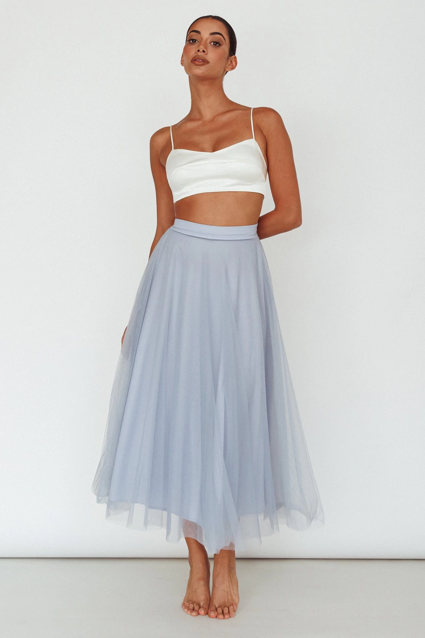 Jasmine Organza Mesh Elasticated Waist Midi Skirt Blue - Image 5