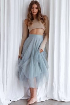 Jasmine Organza Mesh Elasticated Waist Midi Skirt Sage