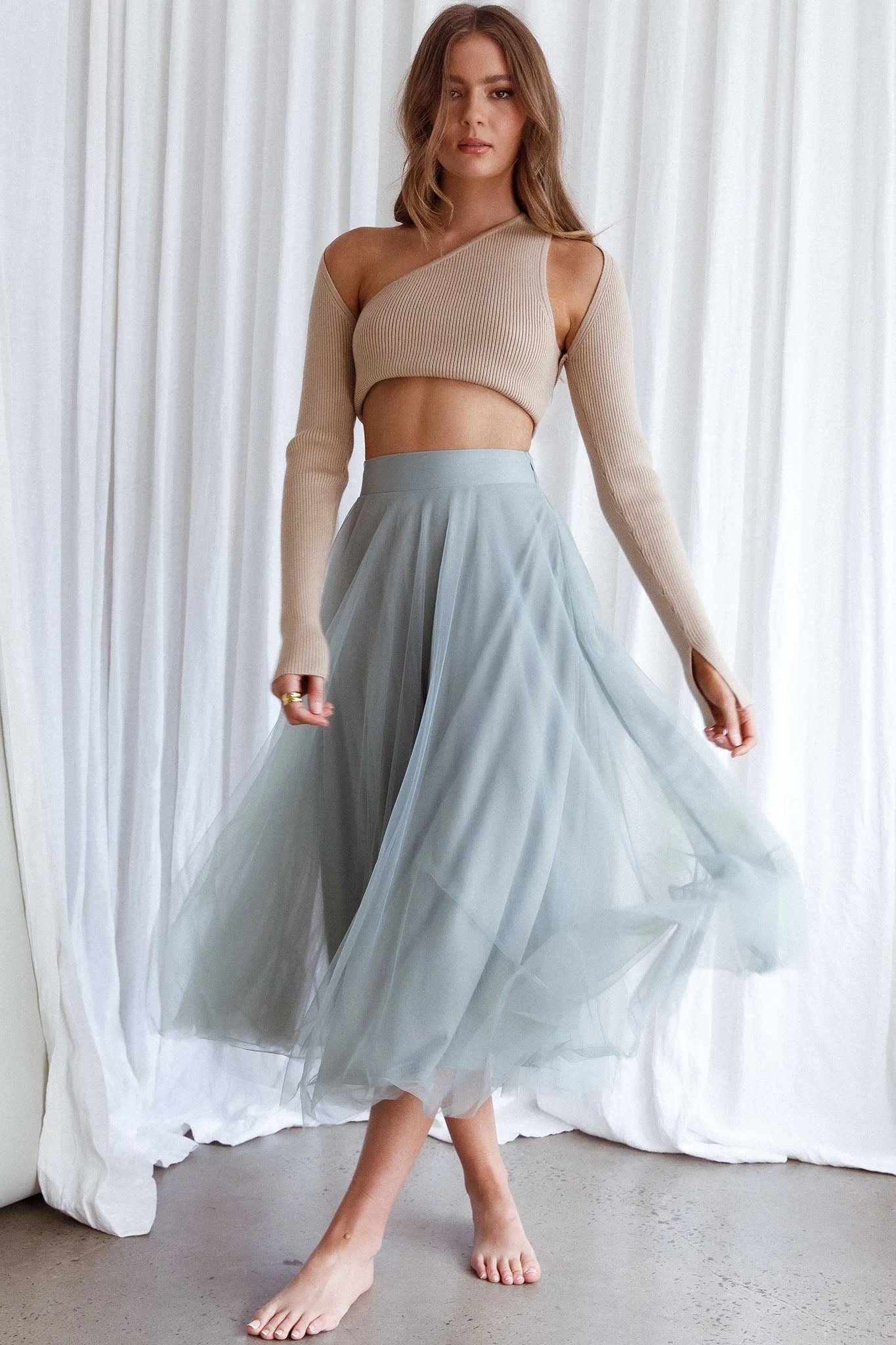 Jasmine Organza Mesh Elasticated Waist Midi Skirt Sage - Image 3