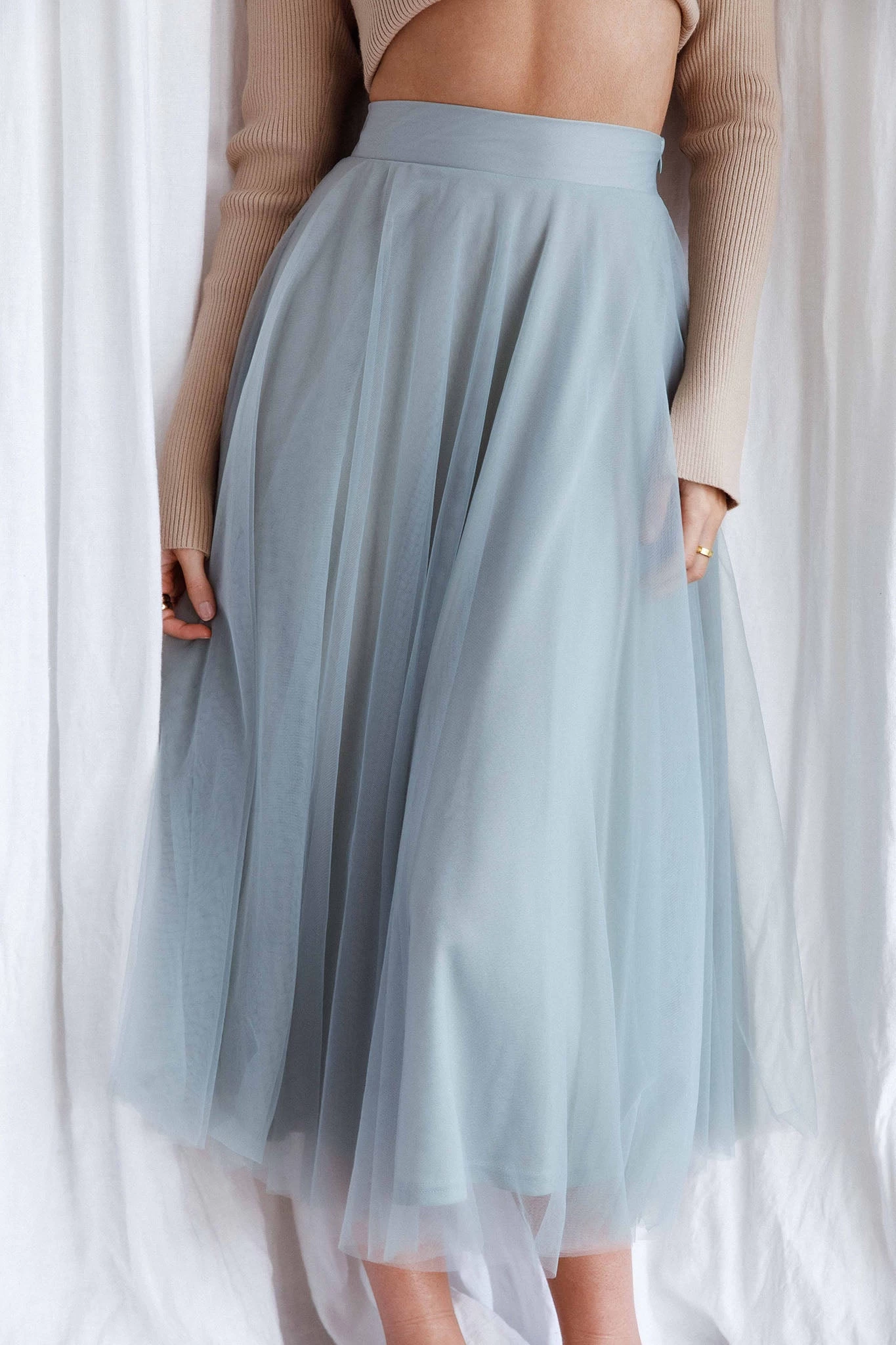 Jasmine Organza Mesh Elasticated Waist Midi Skirt Sage - Image 4