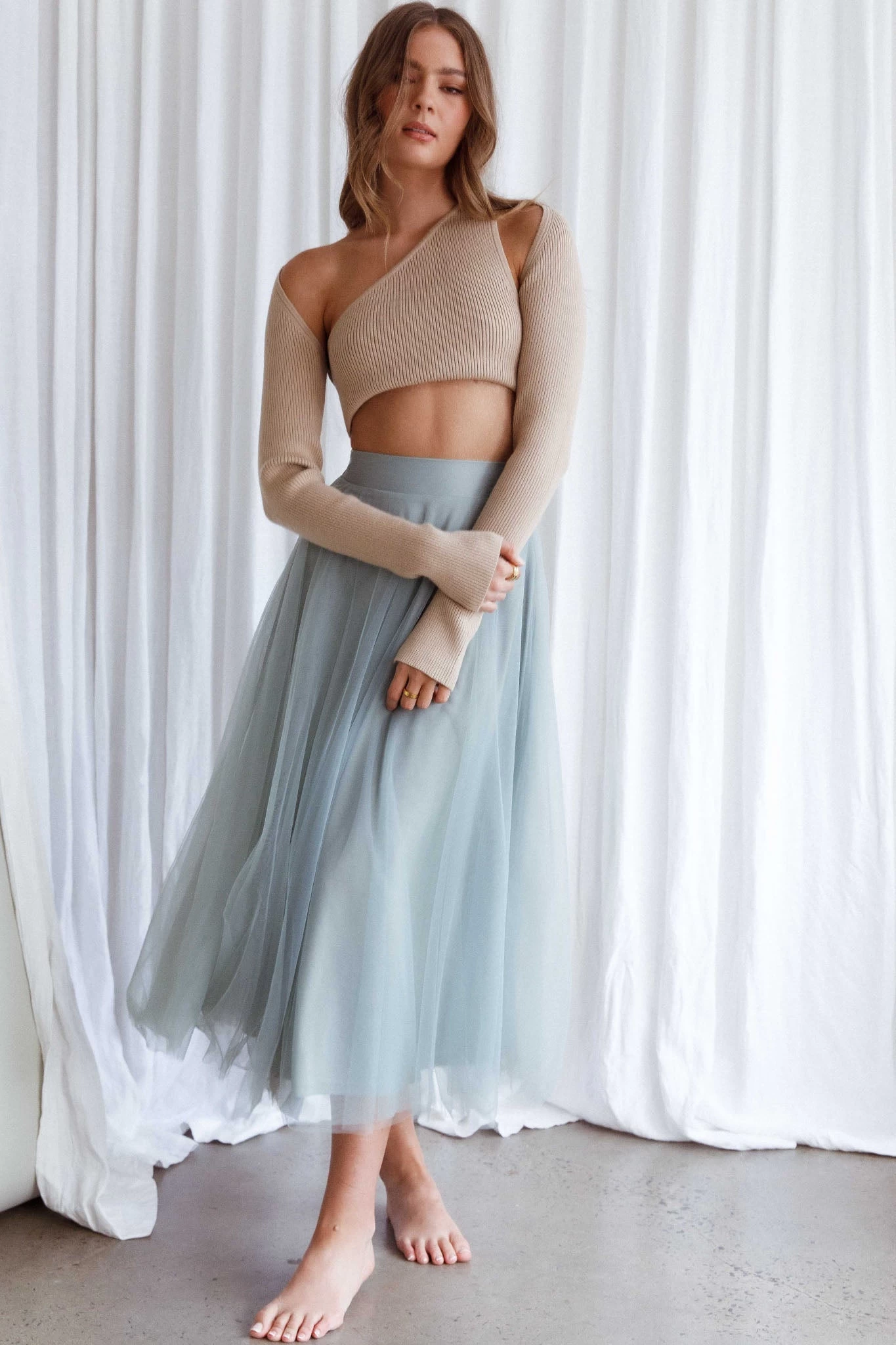 Jasmine Organza Mesh Elasticated Waist Midi Skirt Sage - Image 7