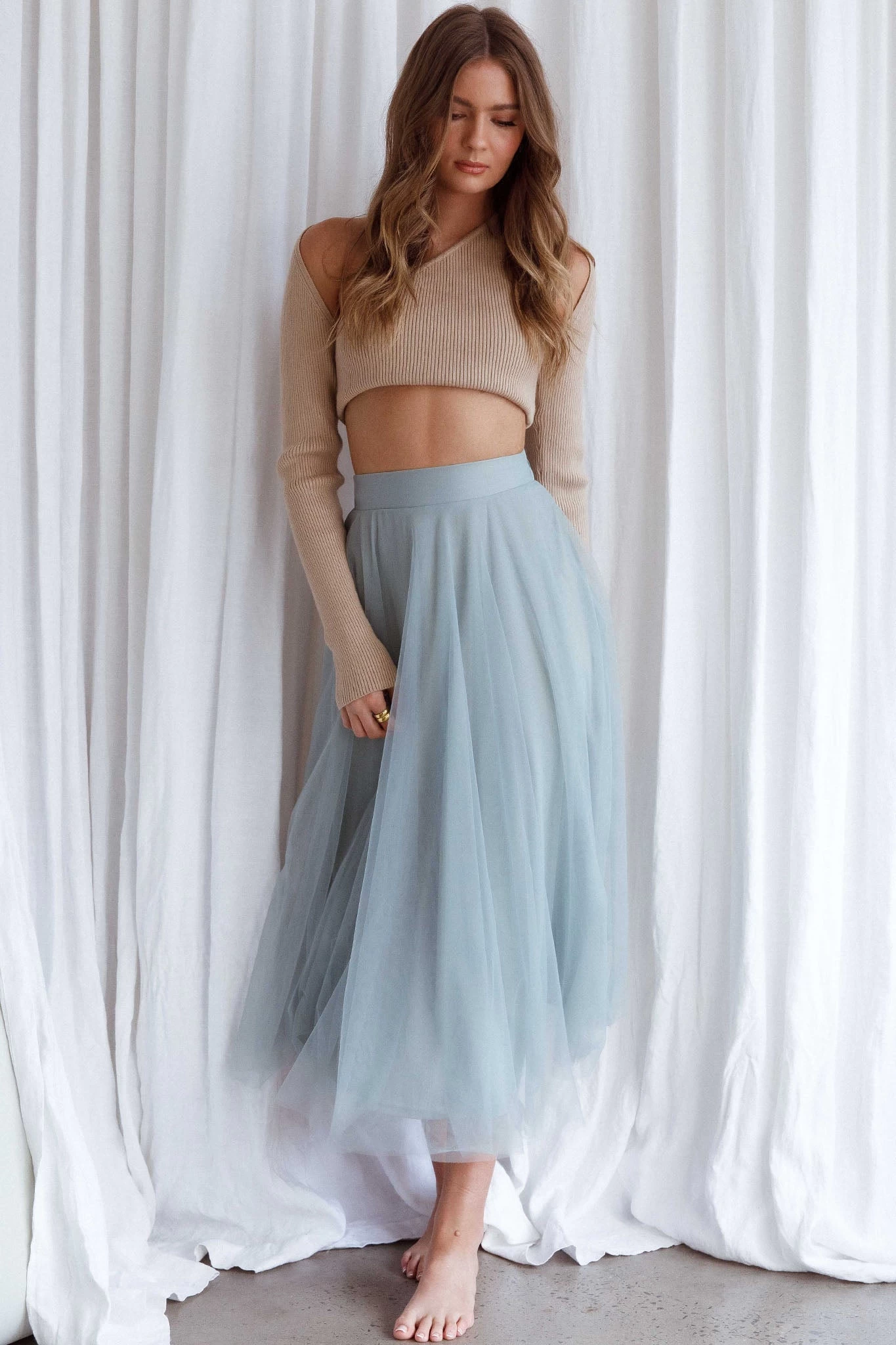 Jasmine Organza Mesh Elasticated Waist Midi Skirt Sage - Image 9