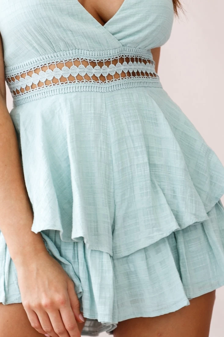 Maybe Baby Lace Trim Fluted Hem Romper Sage - Image 4