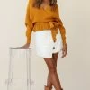 Venetian Faux Placket Frayed Wrap Mini Skirt White