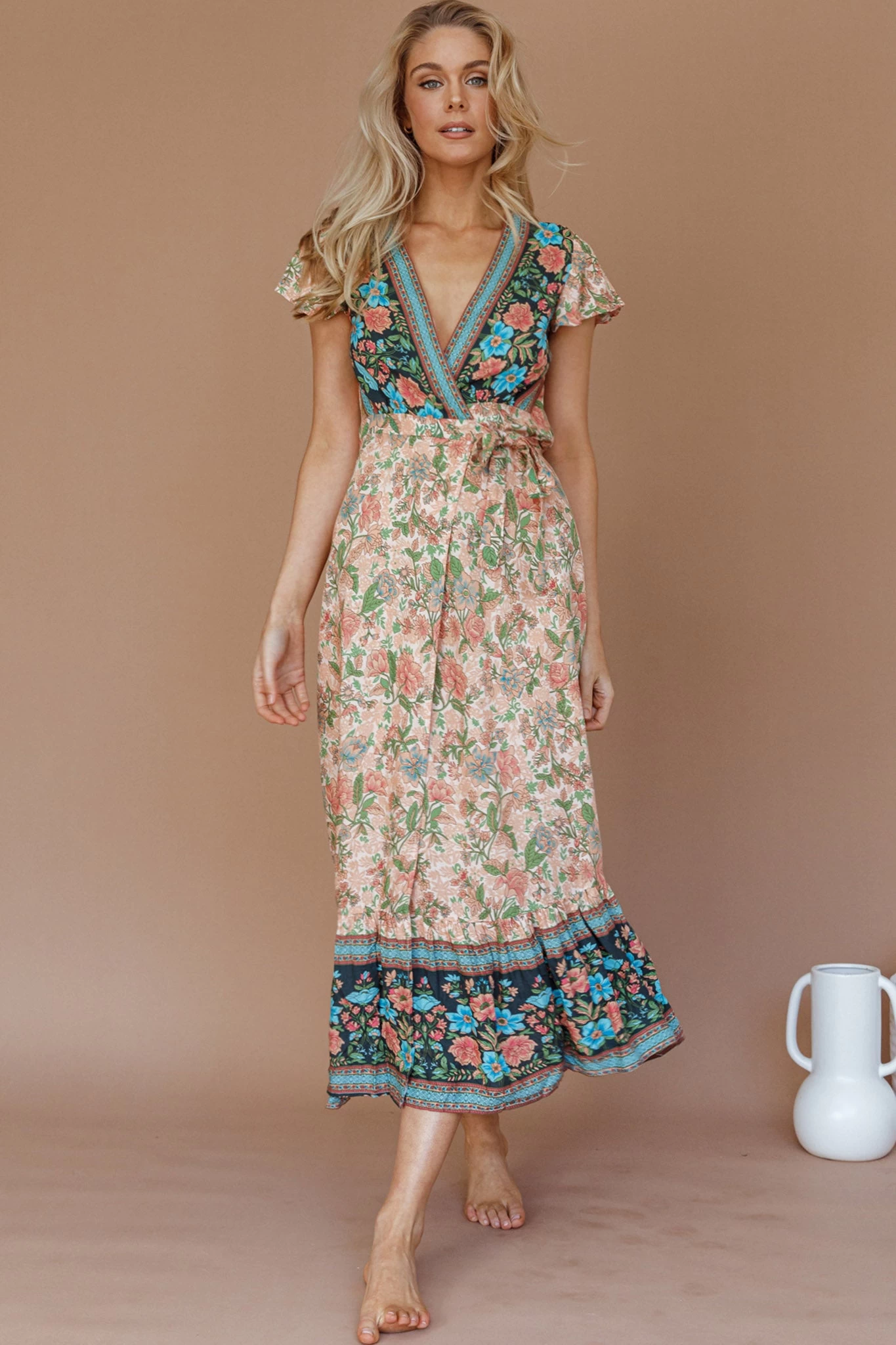 Mayan Angel Sleeve Wrap Midi Dress Floral Nude - Image 2