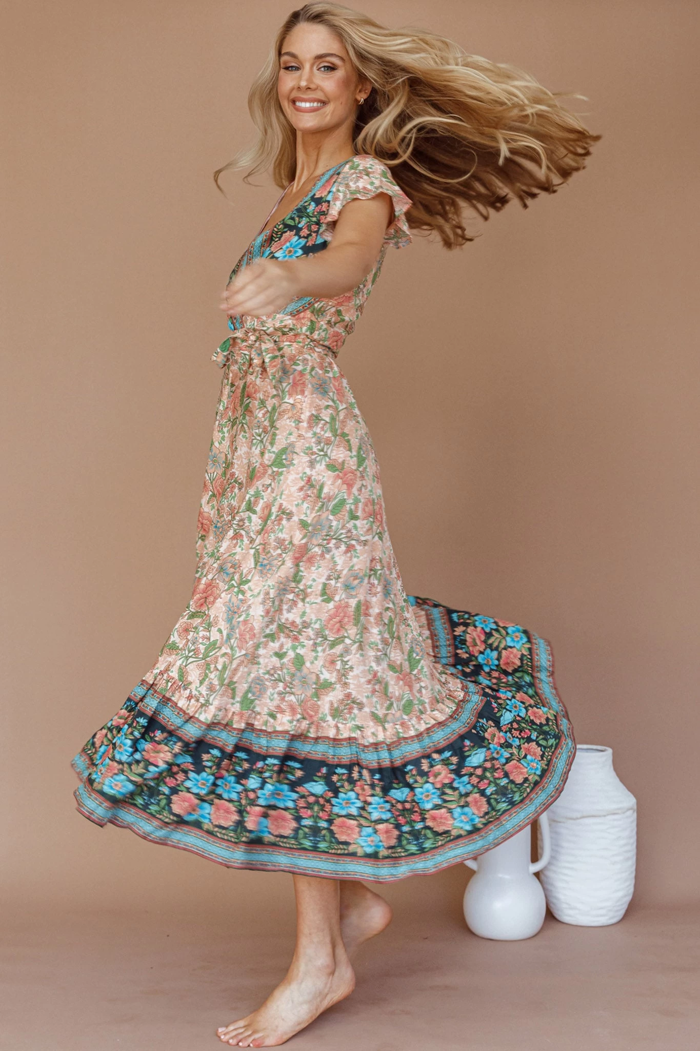 Mayan Angel Sleeve Wrap Midi Dress Floral Nude - Image 4