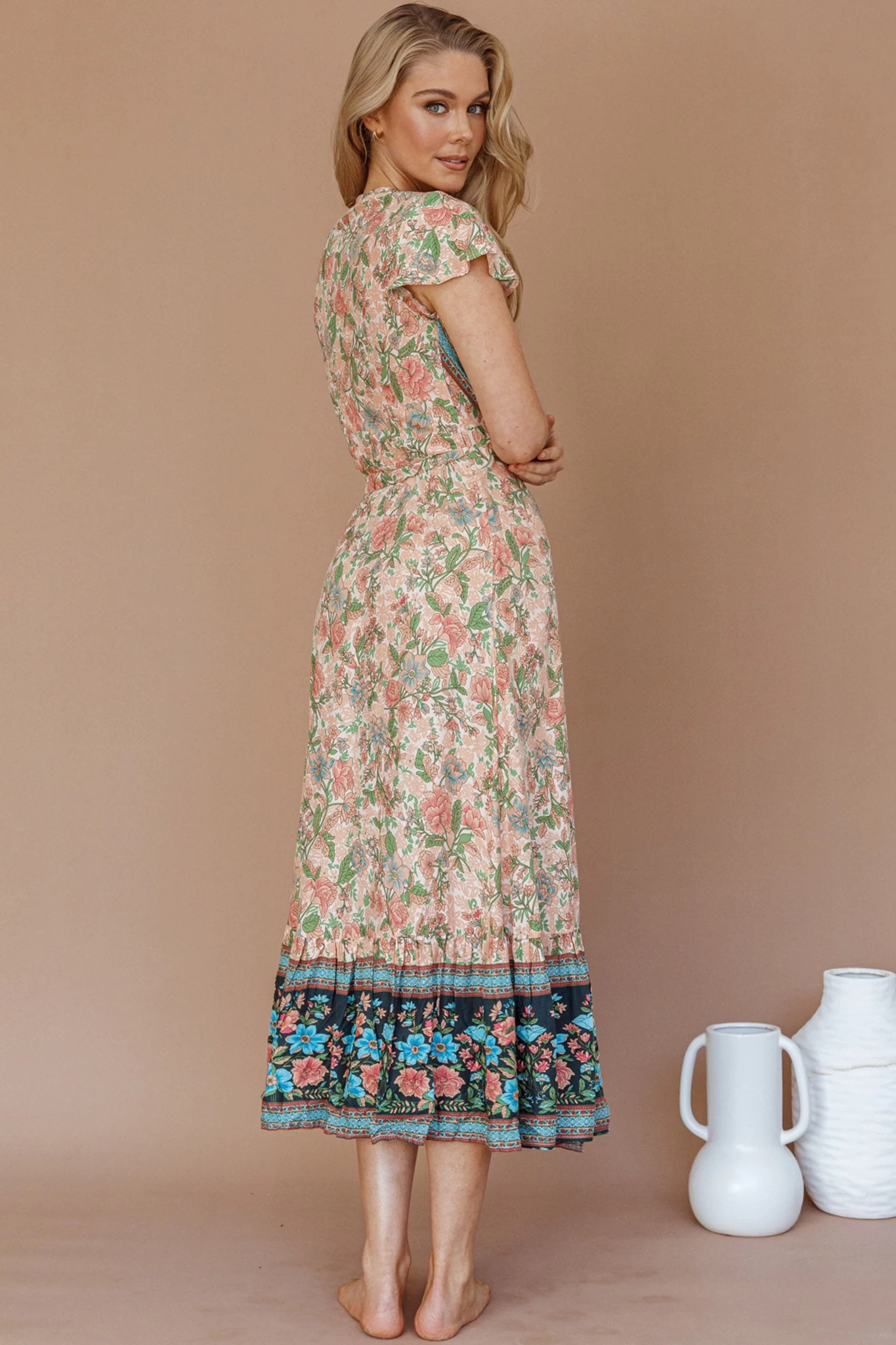 Mayan Angel Sleeve Wrap Midi Dress Floral Nude - Image 3
