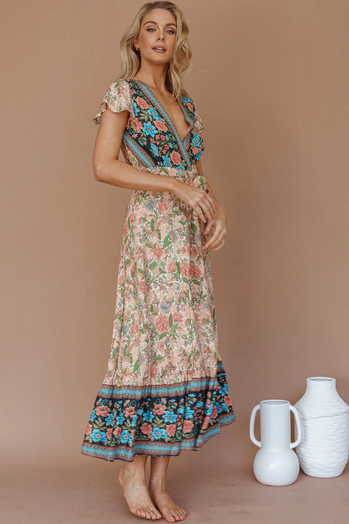 Mayan Angel Sleeve Wrap Midi Dress Floral Nude - Image 6