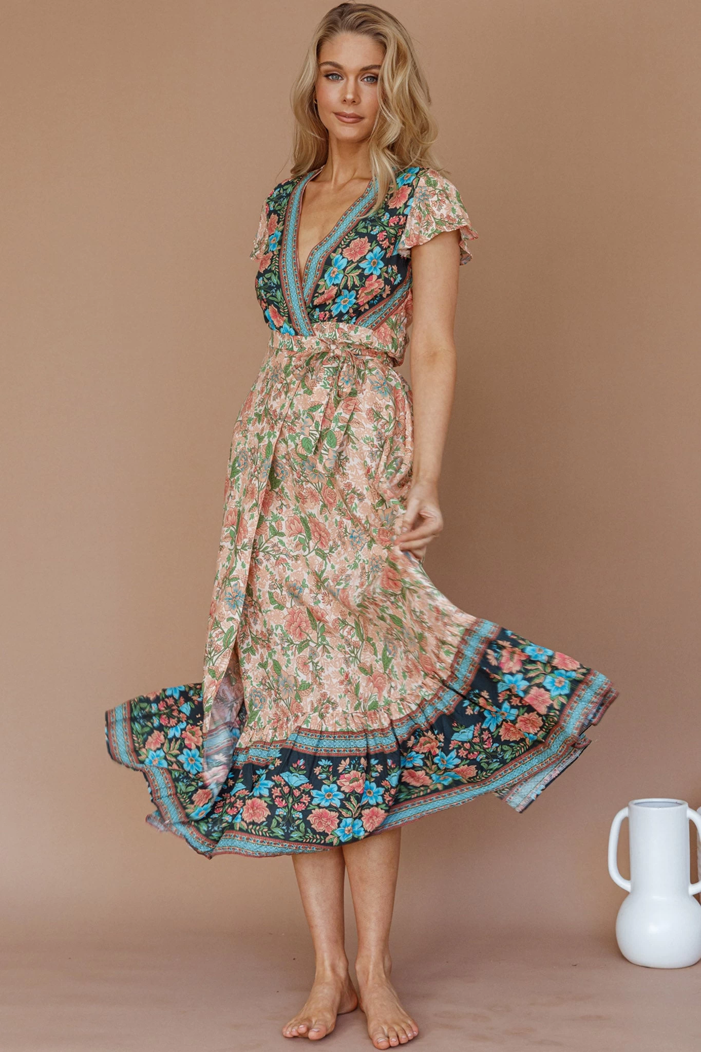 Mayan Angel Sleeve Wrap Midi Dress Floral Nude - Image 7