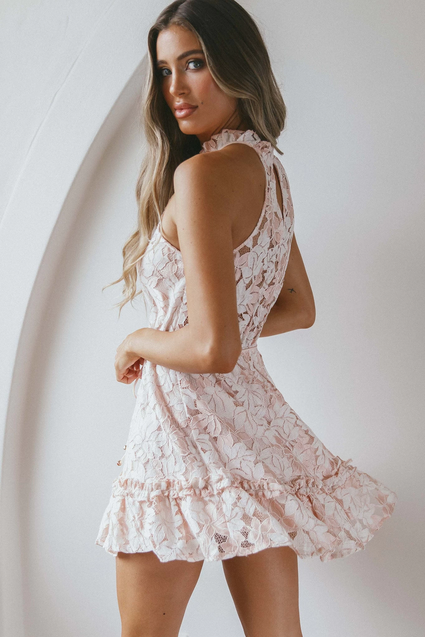 Ever After Halterneck Elasticated Waist Lace Mini Dress Apricot - Image 2