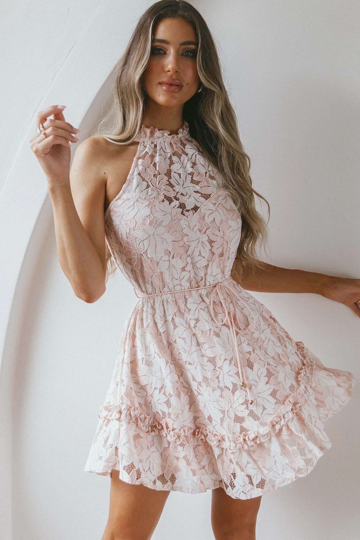 Ever After Halterneck Elasticated Waist Lace Mini Dress Apricot - Image 5