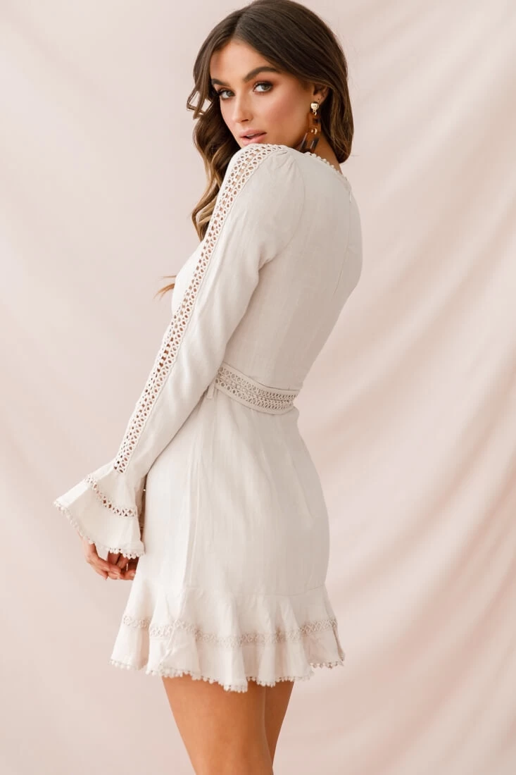 Aspley Flare Cuff Waist Tie Dress Beige - Image 7