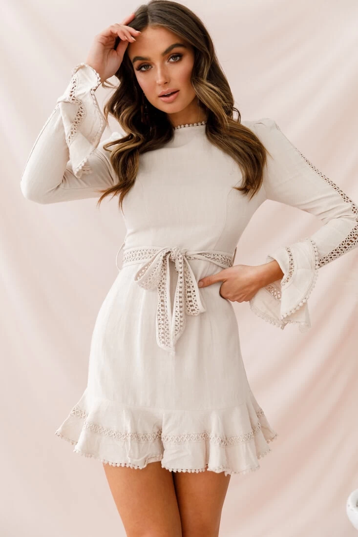 Aspley Flare Cuff Waist Tie Dress Beige - Image 5