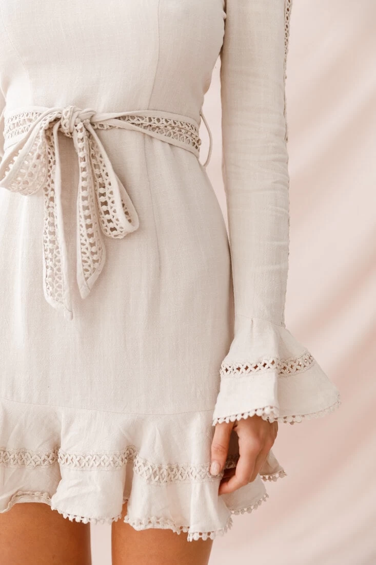 Aspley Flare Cuff Waist Tie Dress Beige - Image 6