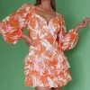 Romance Novel Long Sleeve Tied Back Floral Dress Orange