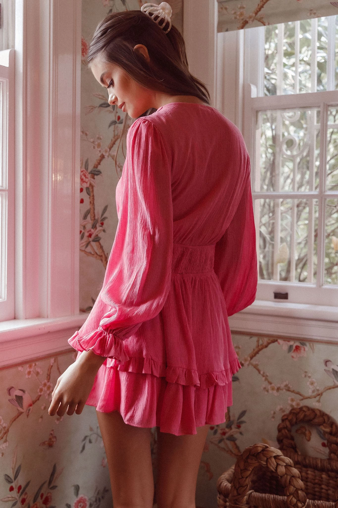 Anthea Bow-Tie Front Layered Frill Dress Hot Pink - Image 2