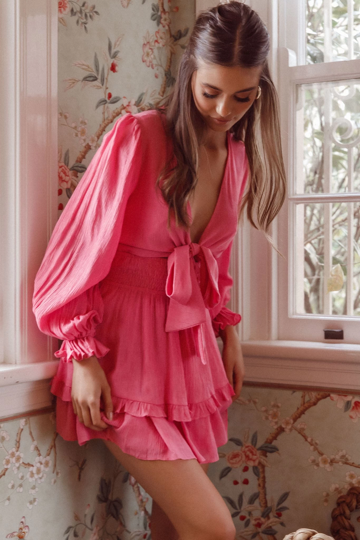 Anthea Bow-Tie Front Layered Frill Dress Hot Pink - Image 5