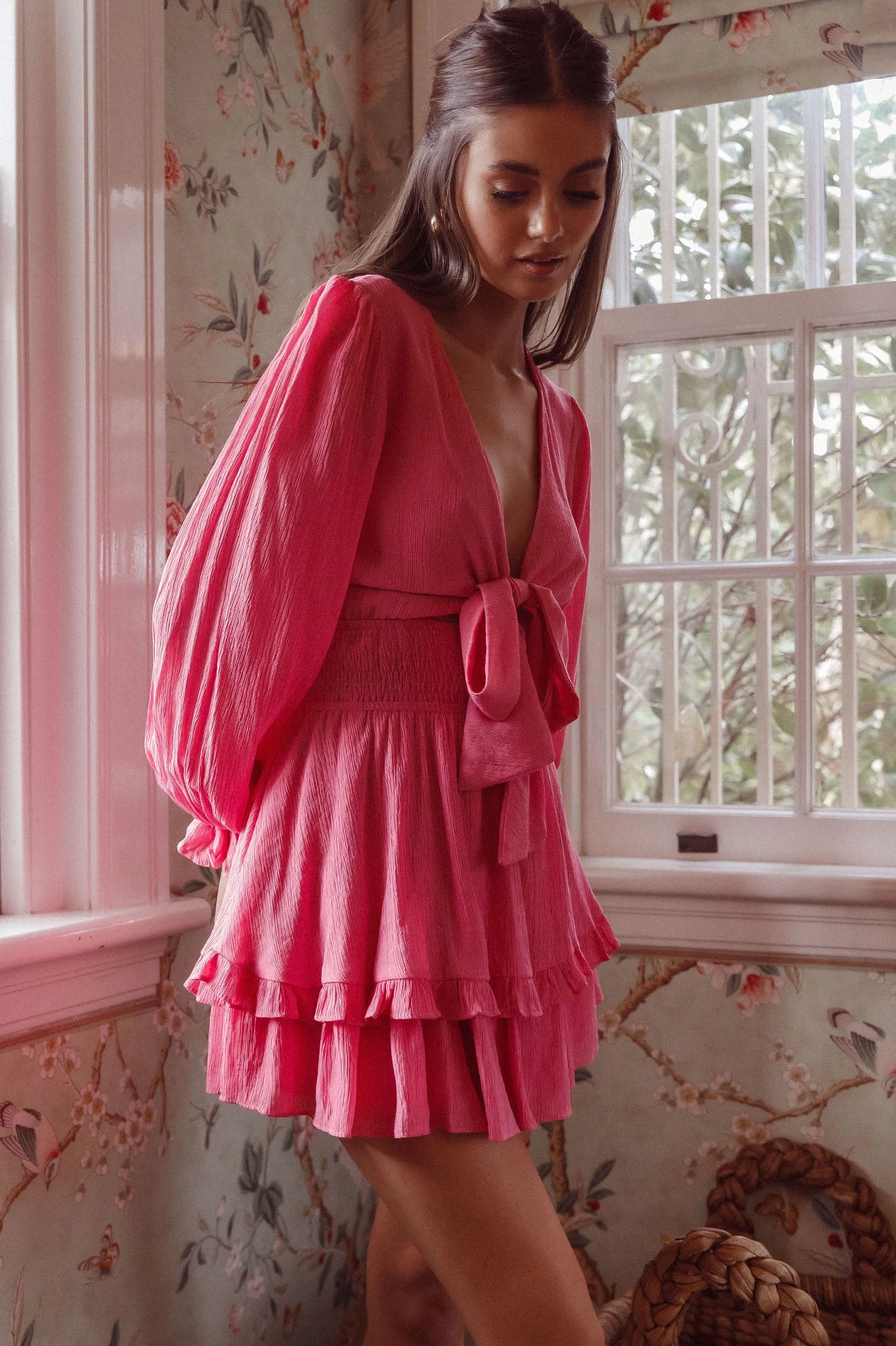 Anthea Bow-Tie Front Layered Frill Dress Hot Pink - Image 7