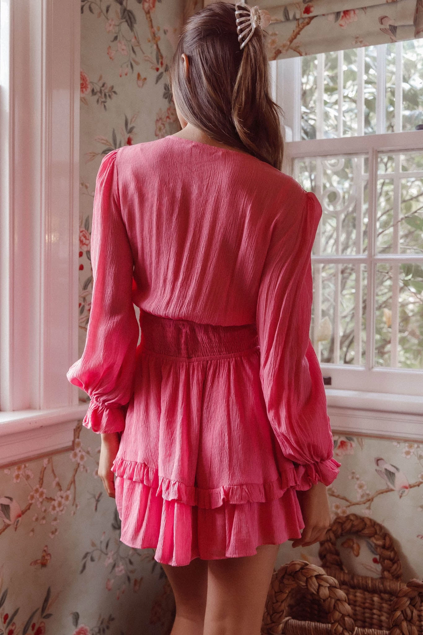 Anthea Bow-Tie Front Layered Frill Dress Hot Pink - Image 8