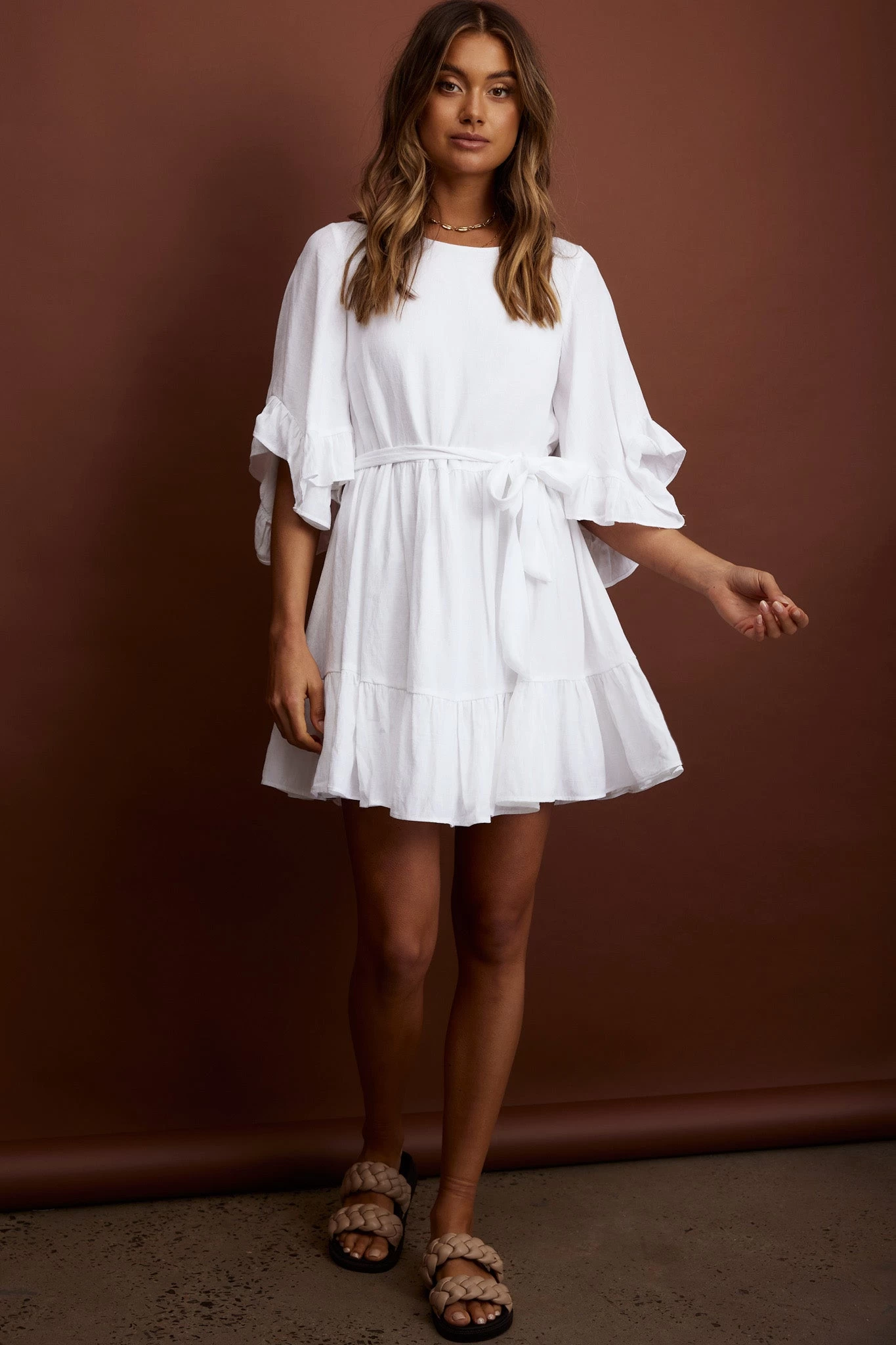 Joni Batwing Sleeve Waist Tie Dress Ruffle White - Image 5