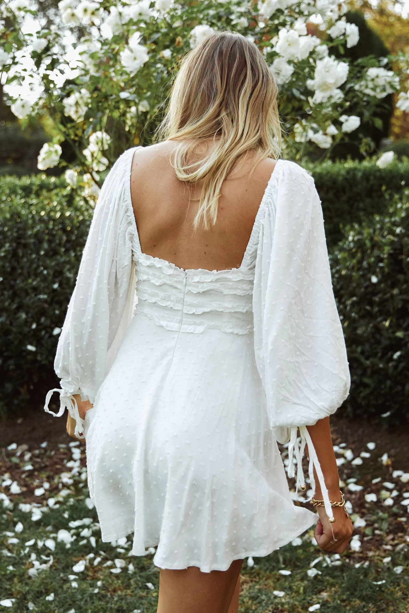 Illia Three-Quarter Balloon Sleeve Frill Bodice Dress White - Image 2