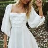 Illia Three-Quarter Balloon Sleeve Frill Bodice Dress White