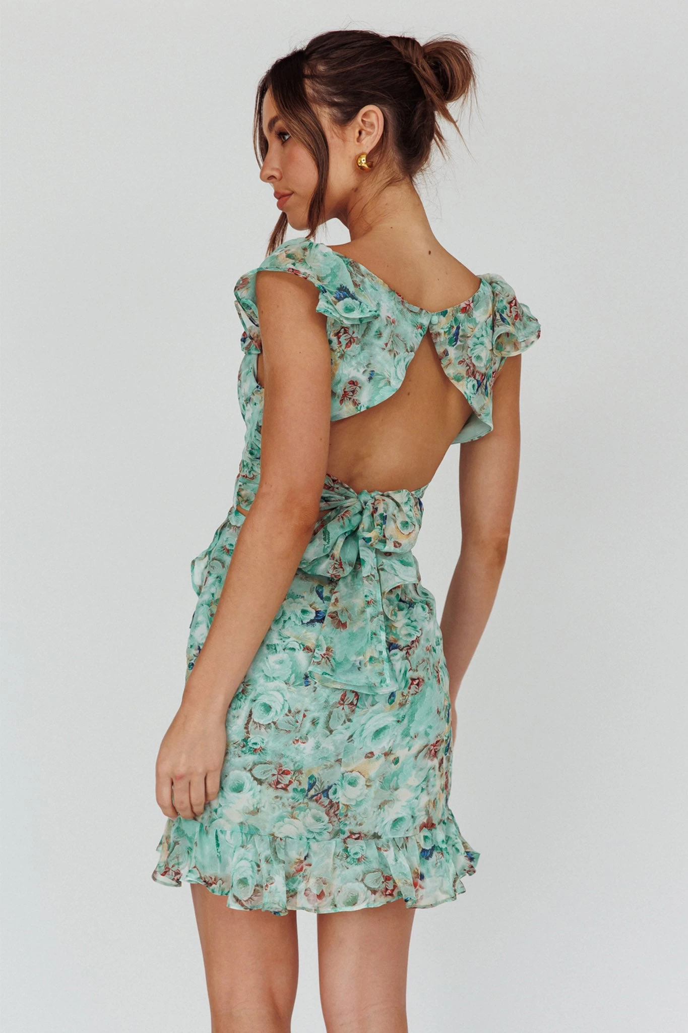 Make Memories Frill Strap Mini Dress Floral Mint - Image 2