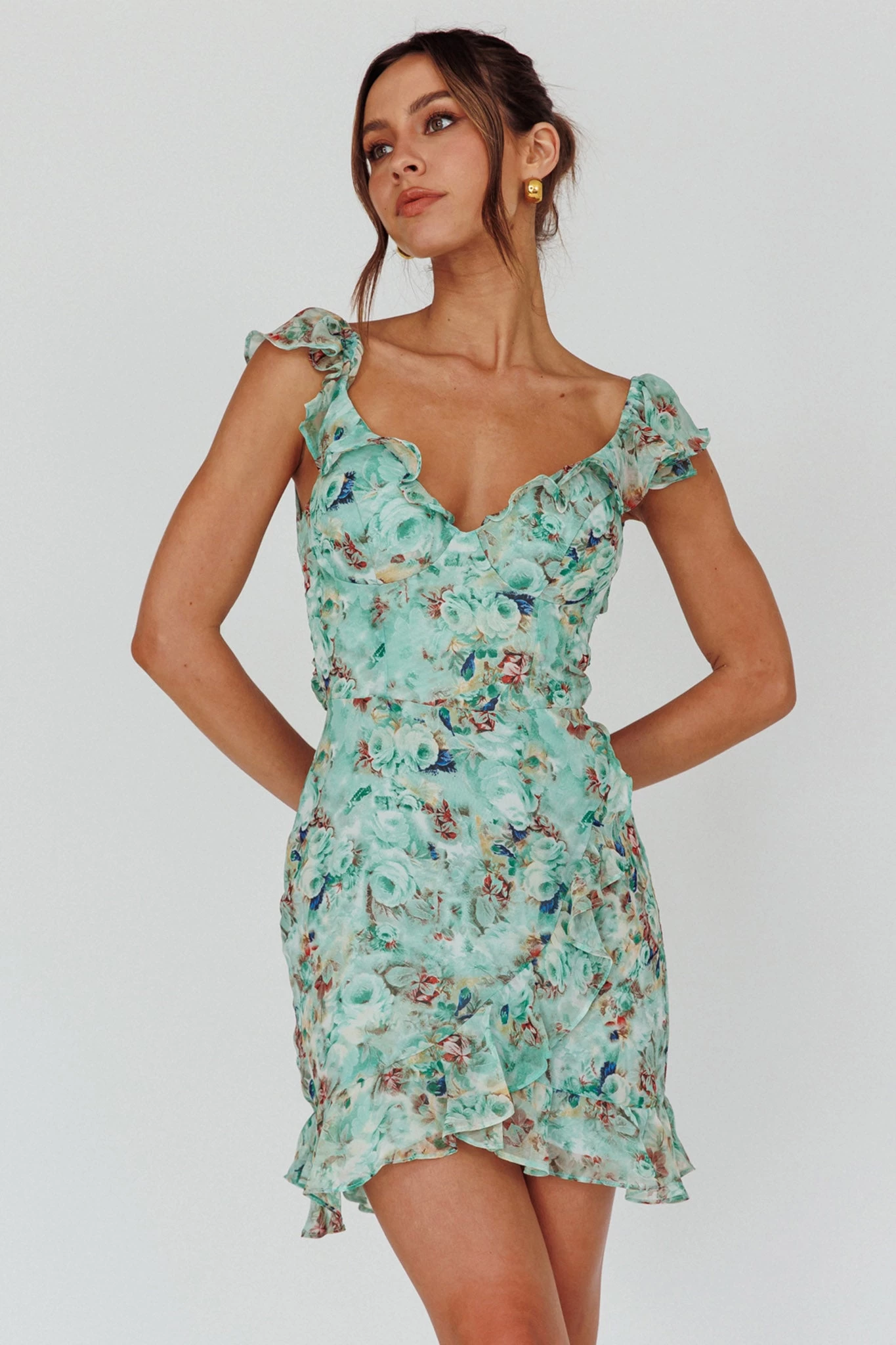 Make Memories Frill Strap Mini Dress Floral Mint - Image 5