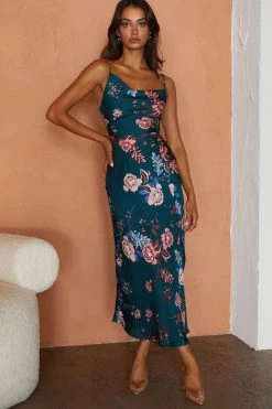 Suki Front Split Midi Dress Oriental Floral Print Forest Green