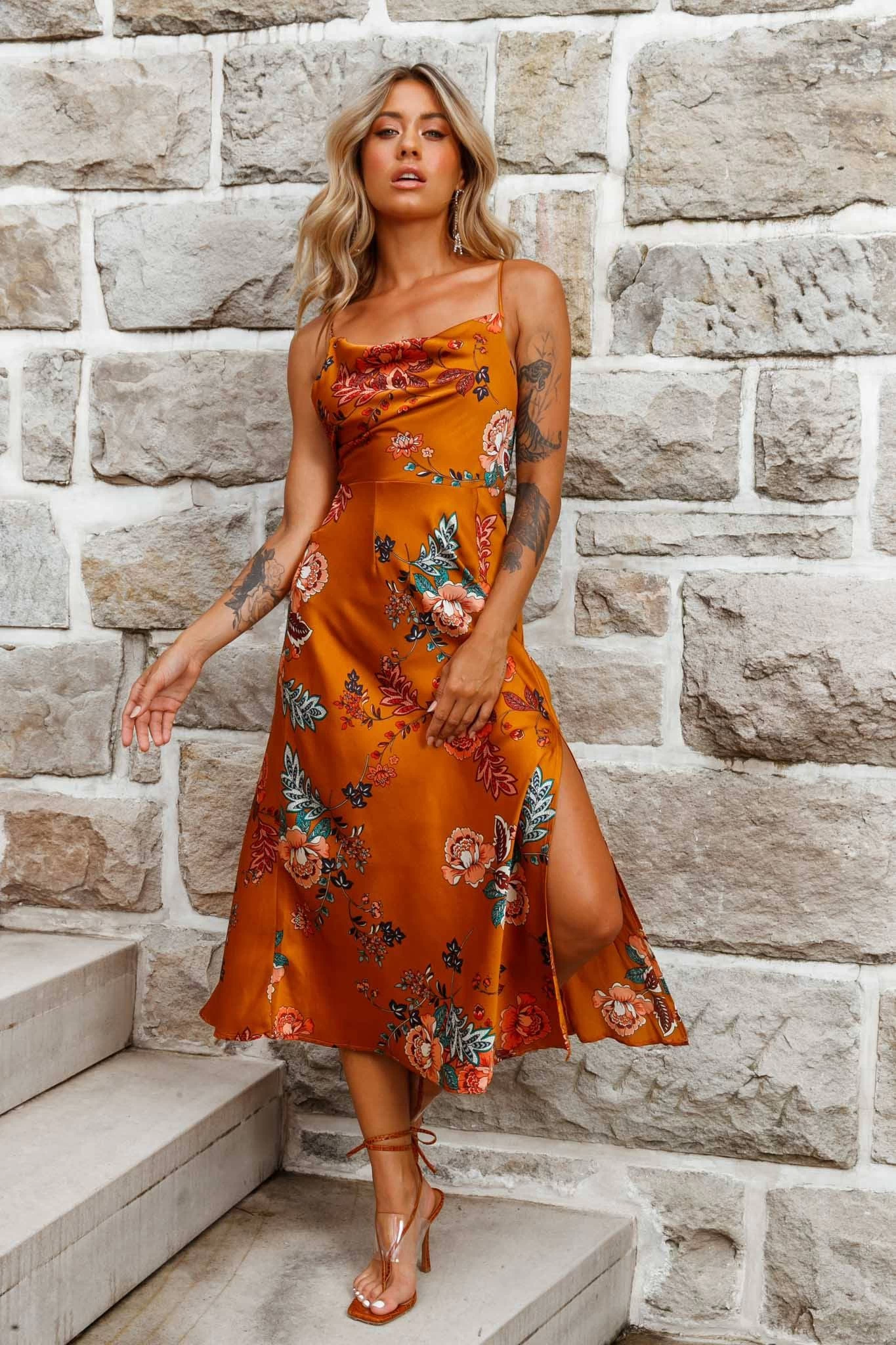 Suki Front Split Midi Dress Oriental Floral Print Mustard - Image 2