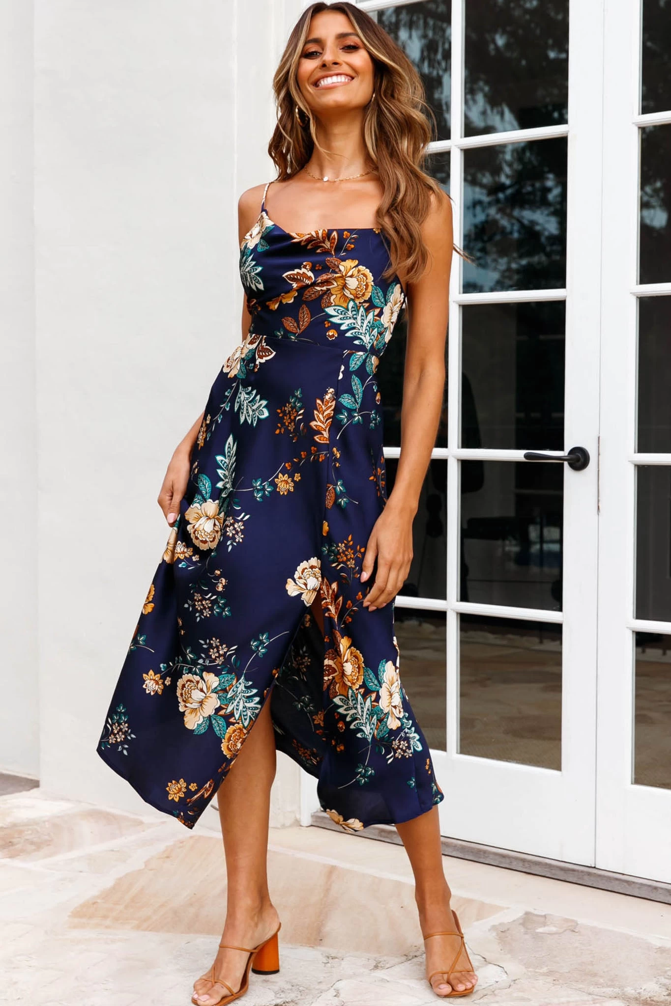 Suki Front Split Midi Dress Oriental Floral Print Navy - Image 3