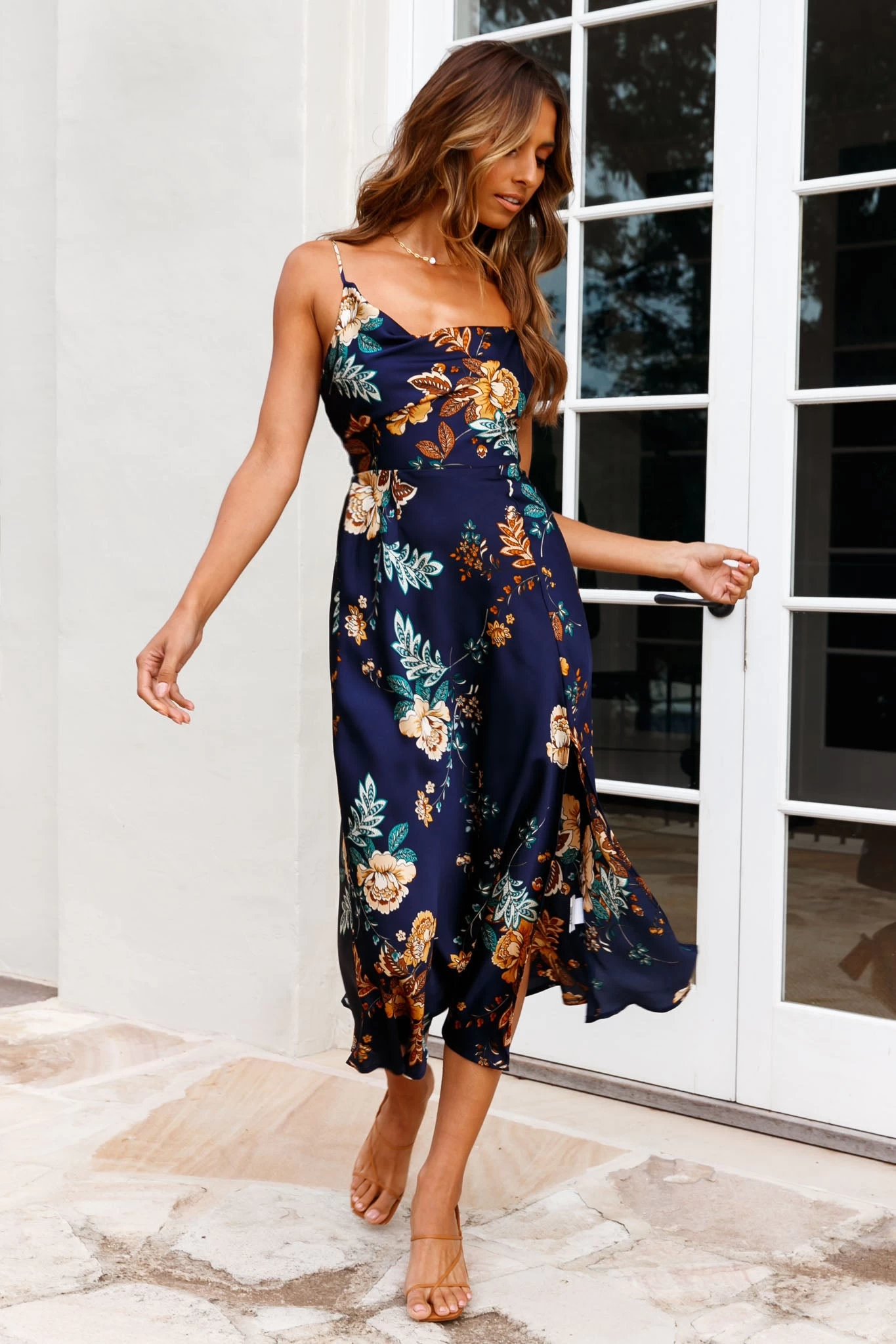 Suki Front Split Midi Dress Oriental Floral Print Navy - Image 6