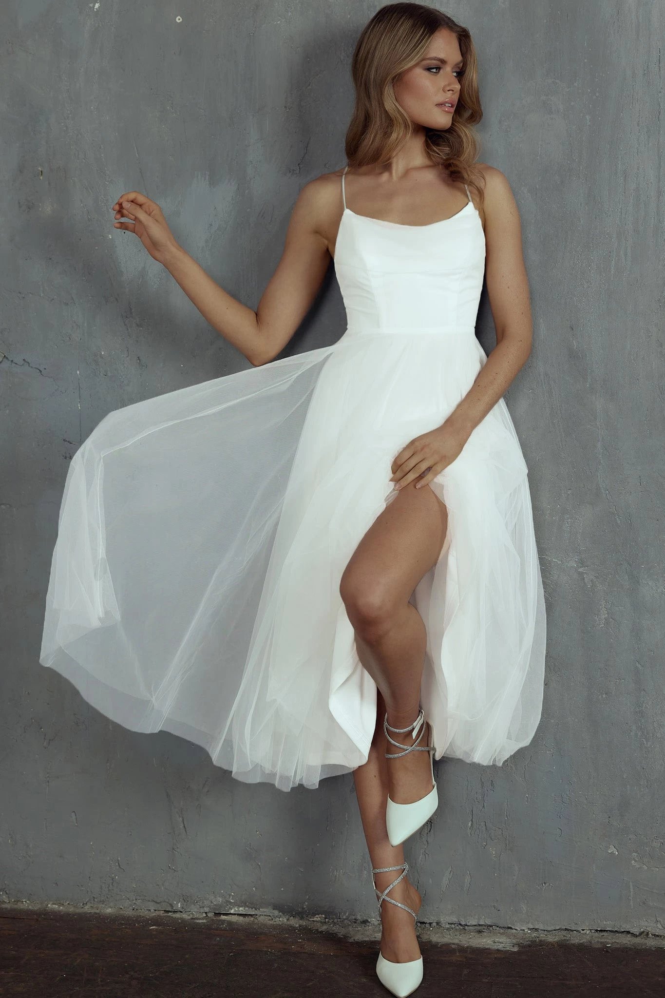 Floating By Pleated Neckline Mesh Midi Dress White - Image 5