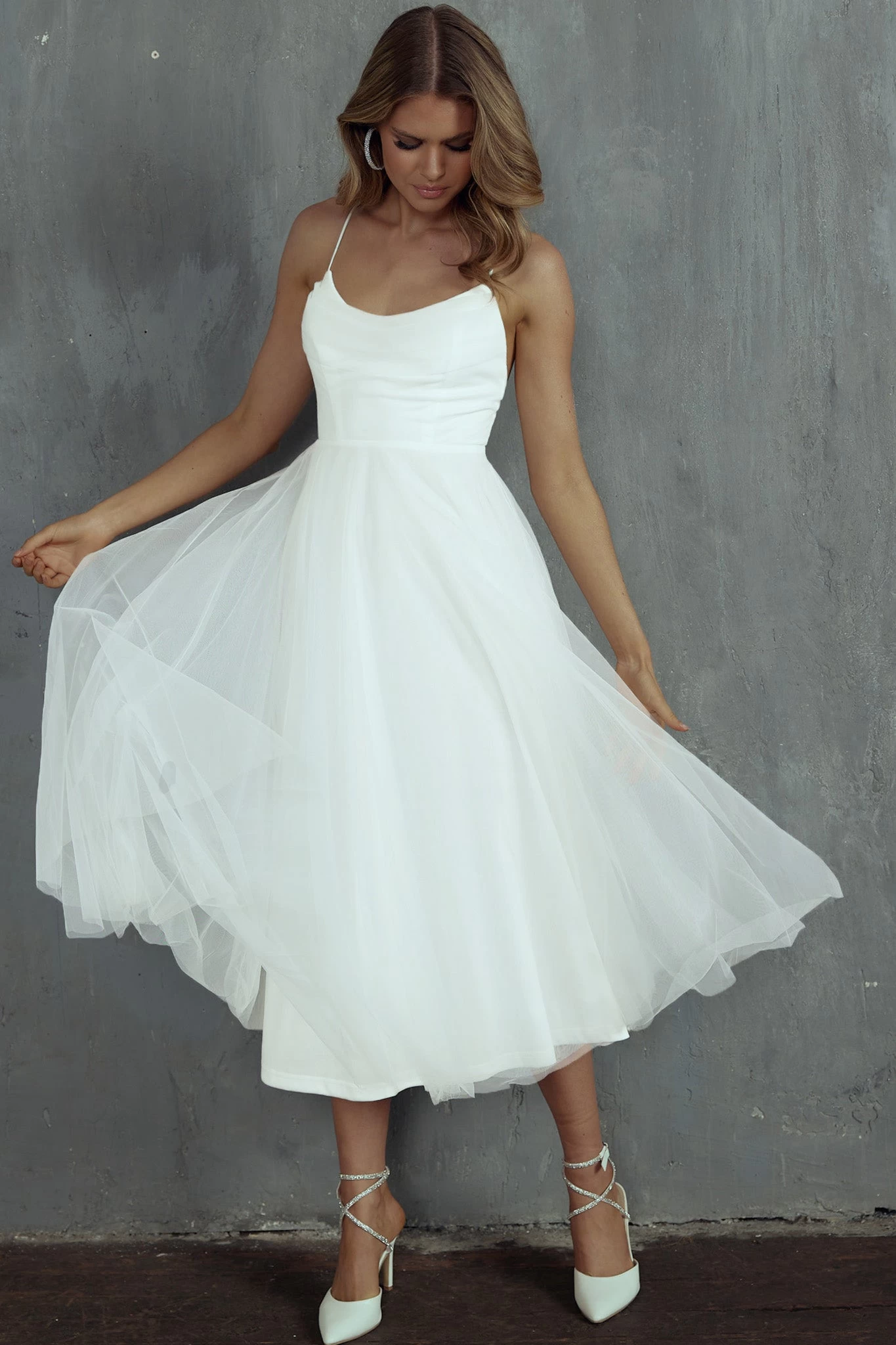 Floating By Pleated Neckline Mesh Midi Dress White - Image 7