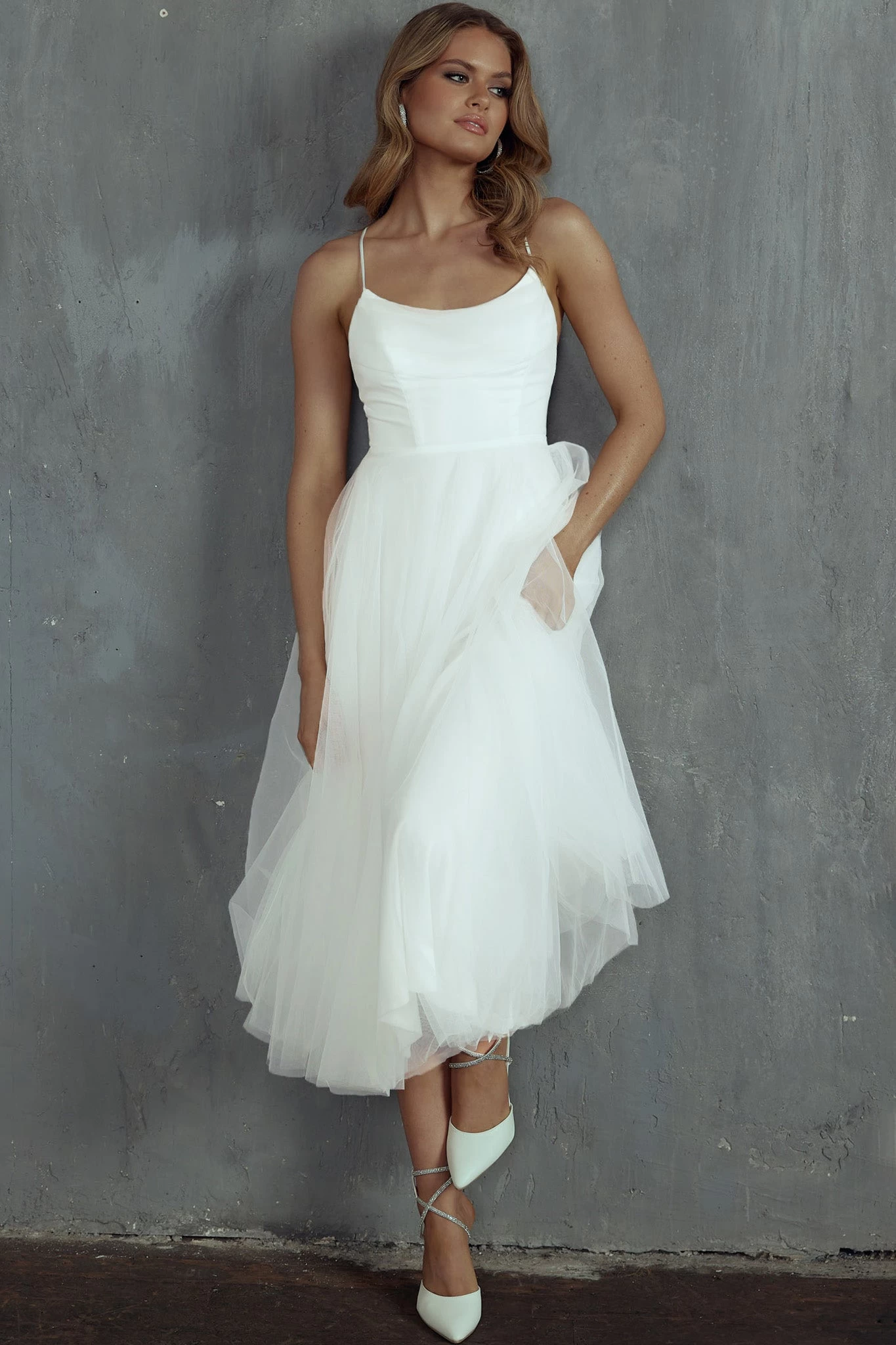 Floating By Pleated Neckline Mesh Midi Dress White - Image 8