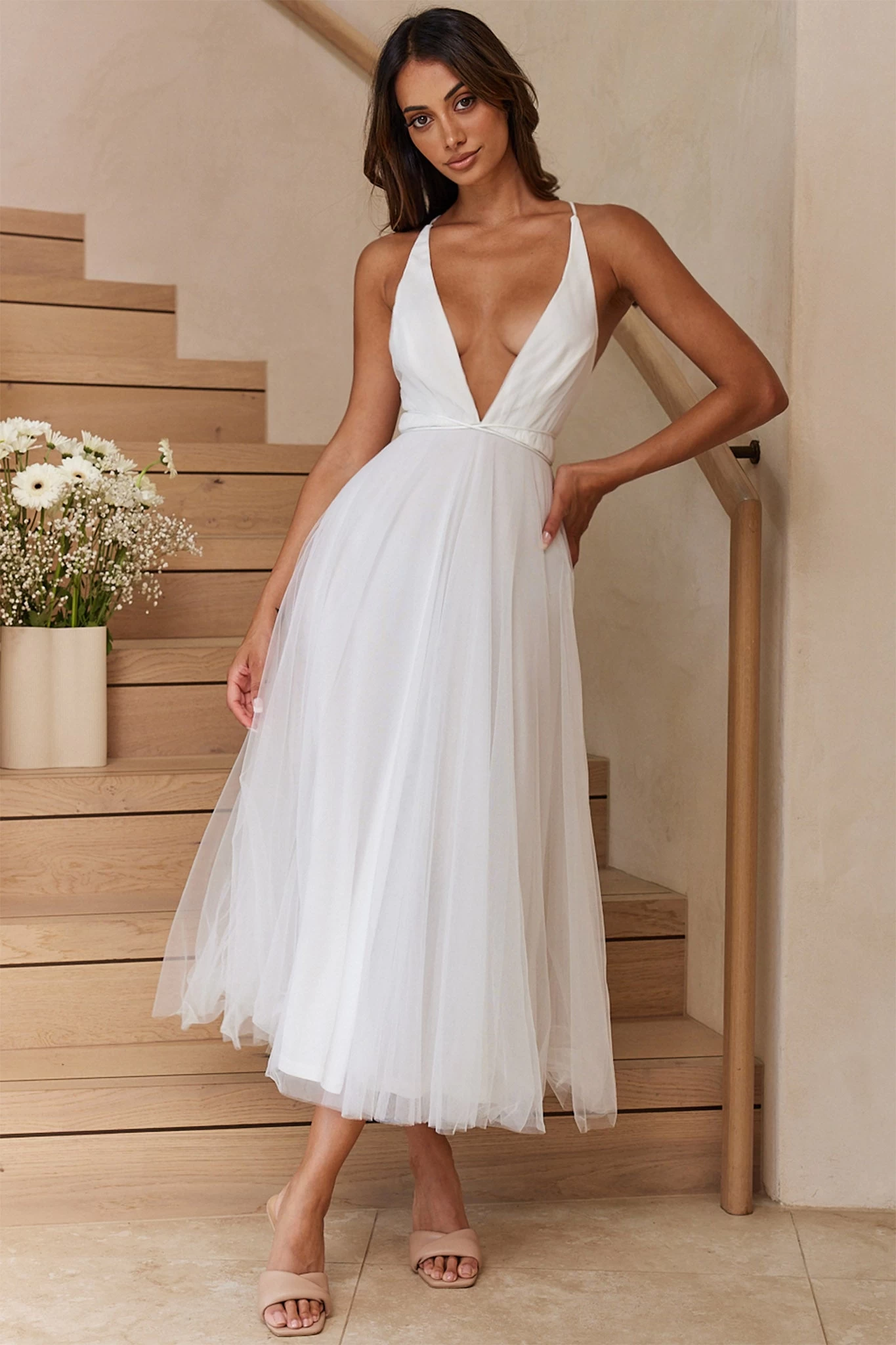 Floating By Plunging Neckline Mesh Overlay Midi Dress White - Image 2