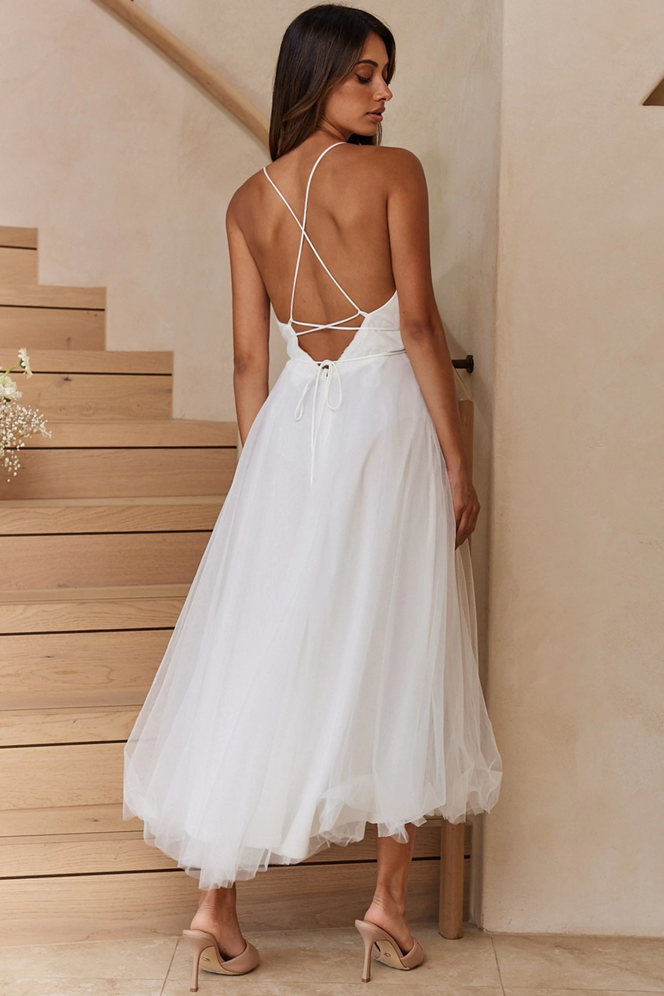 Floating By Plunging Neckline Mesh Overlay Midi Dress White - Image 3