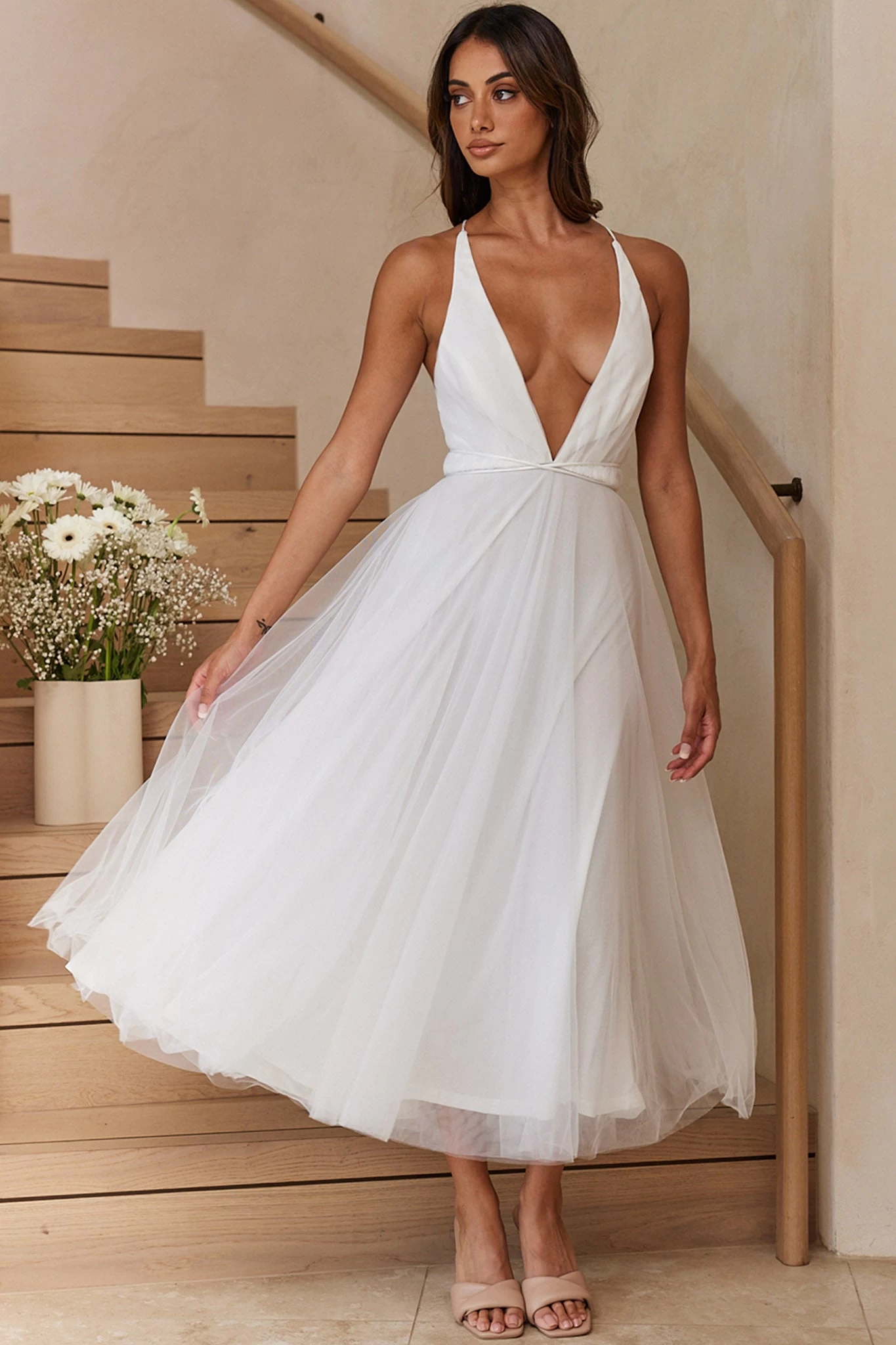 Floating By Plunging Neckline Mesh Overlay Midi Dress White - Image 7