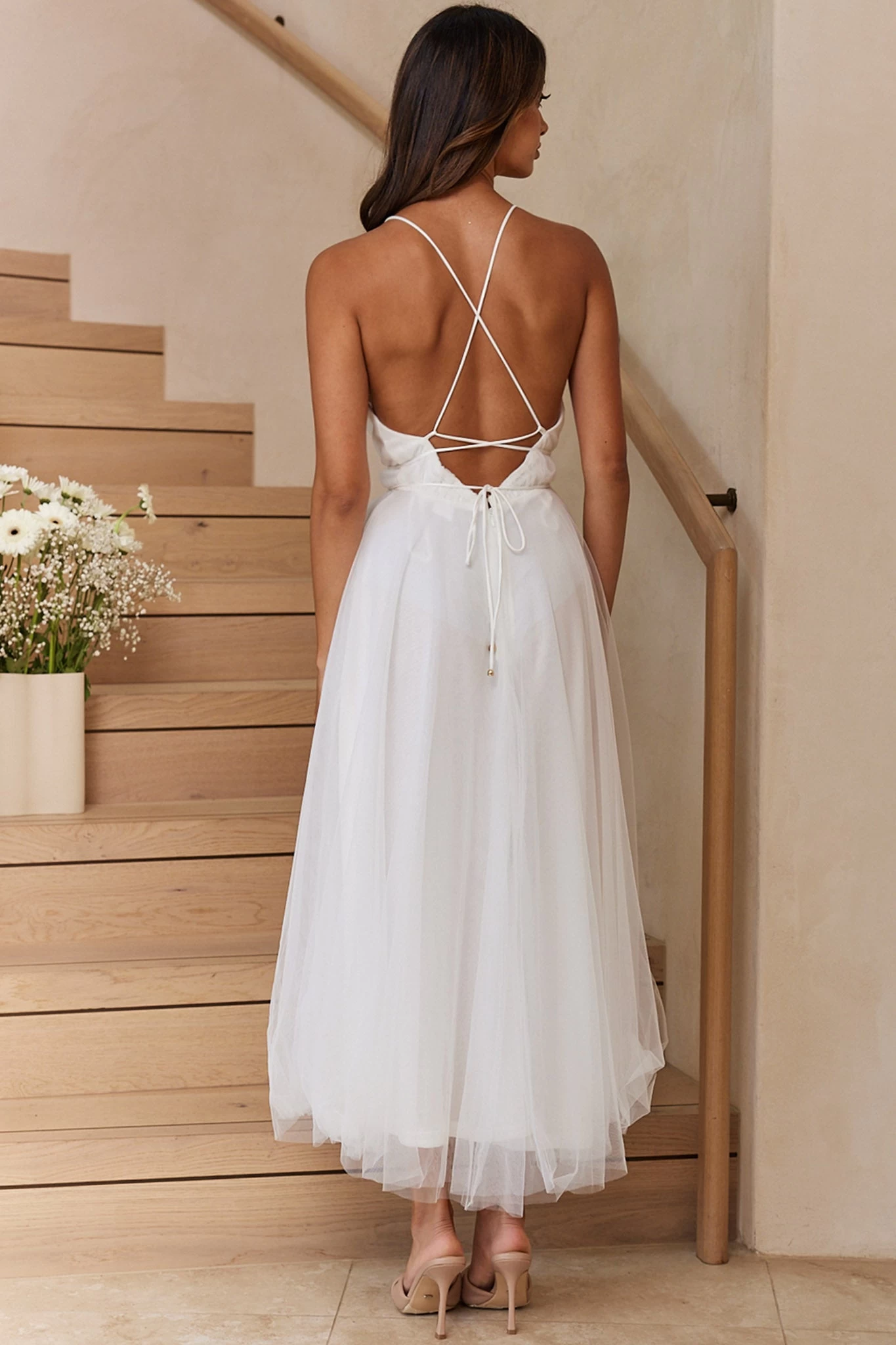 Floating By Plunging Neckline Mesh Overlay Midi Dress White - Image 8