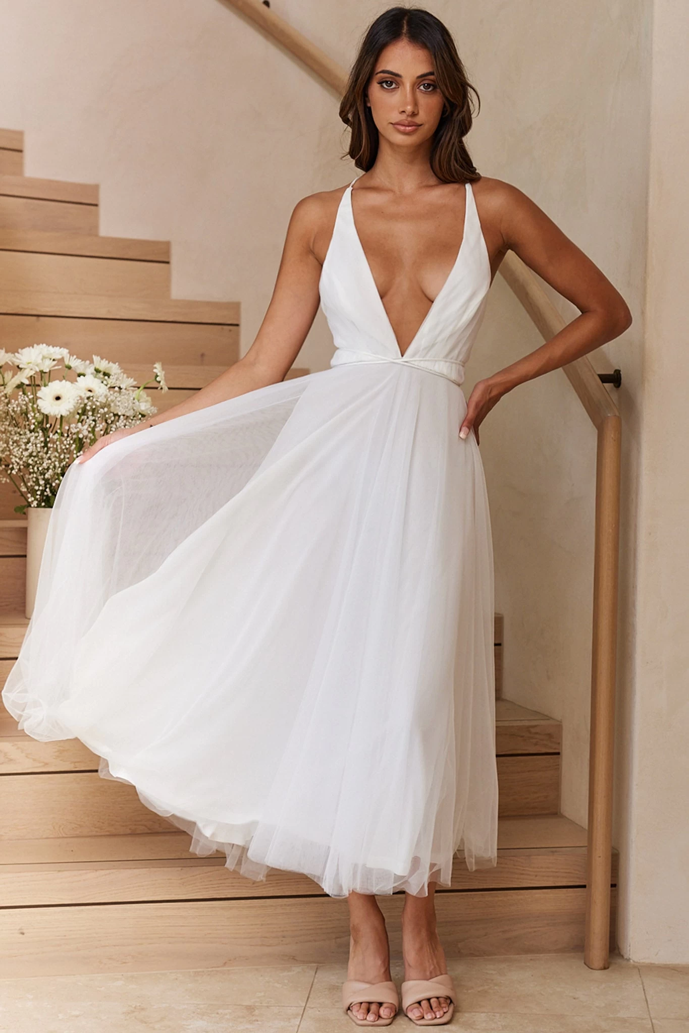 Floating By Plunging Neckline Mesh Overlay Midi Dress White - Image 9