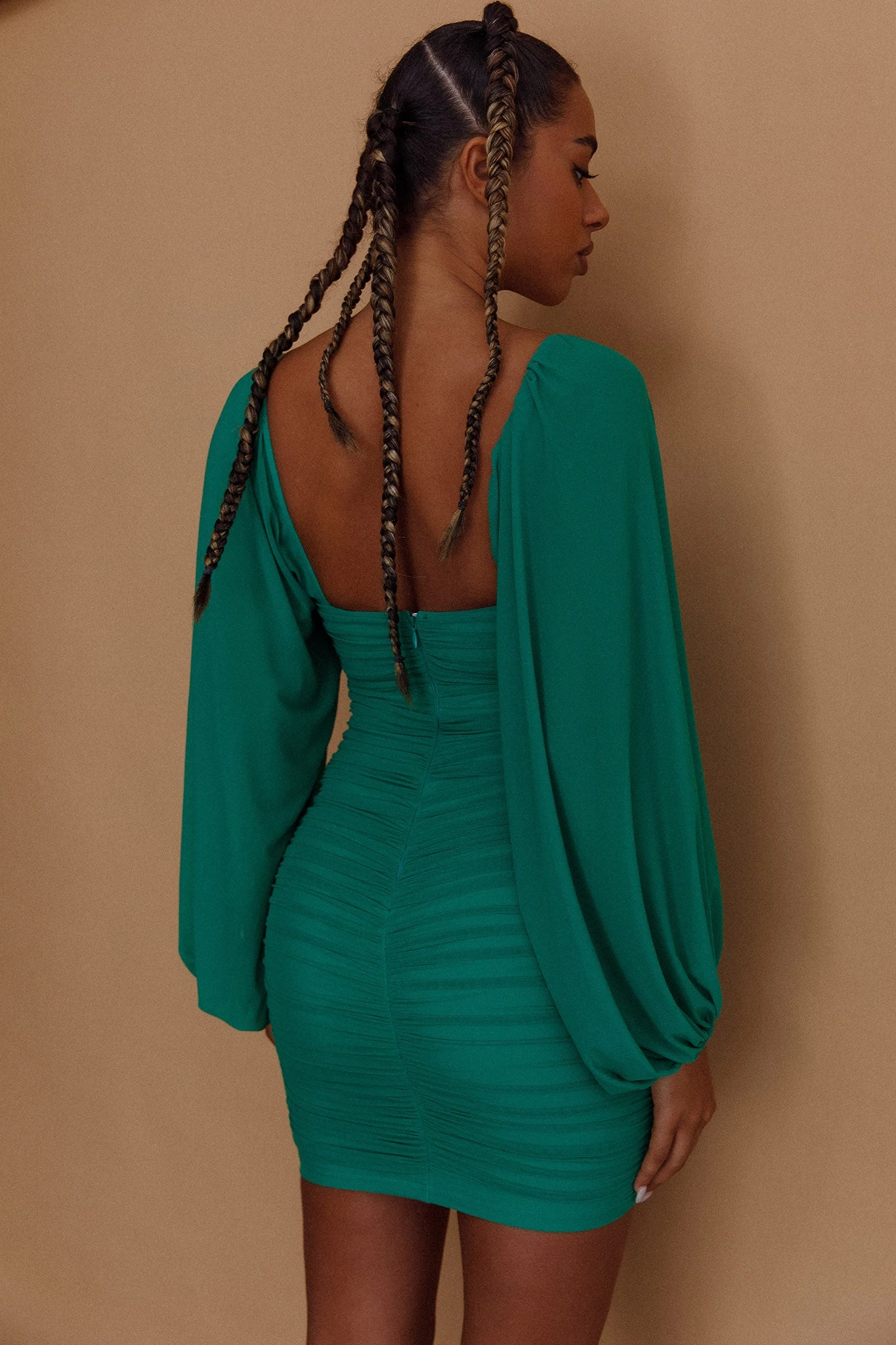 Good Vibes Long Sleeve Deep V-Neckline Ruched Mini Dress Green - Image 2