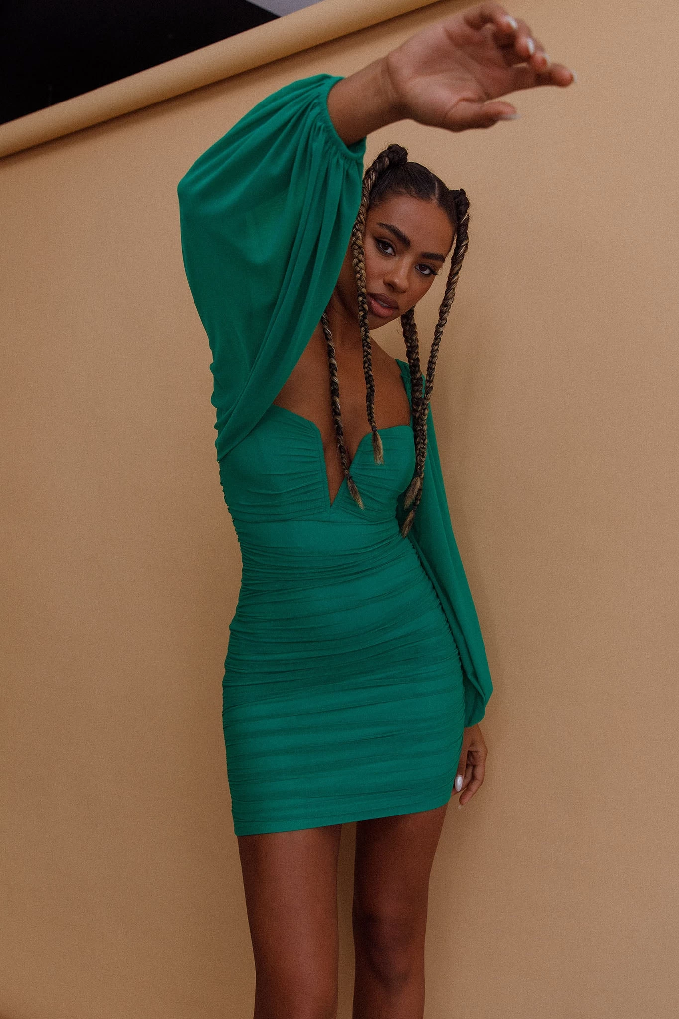 Good Vibes Long Sleeve Deep V-Neckline Ruched Mini Dress Green - Image 7
