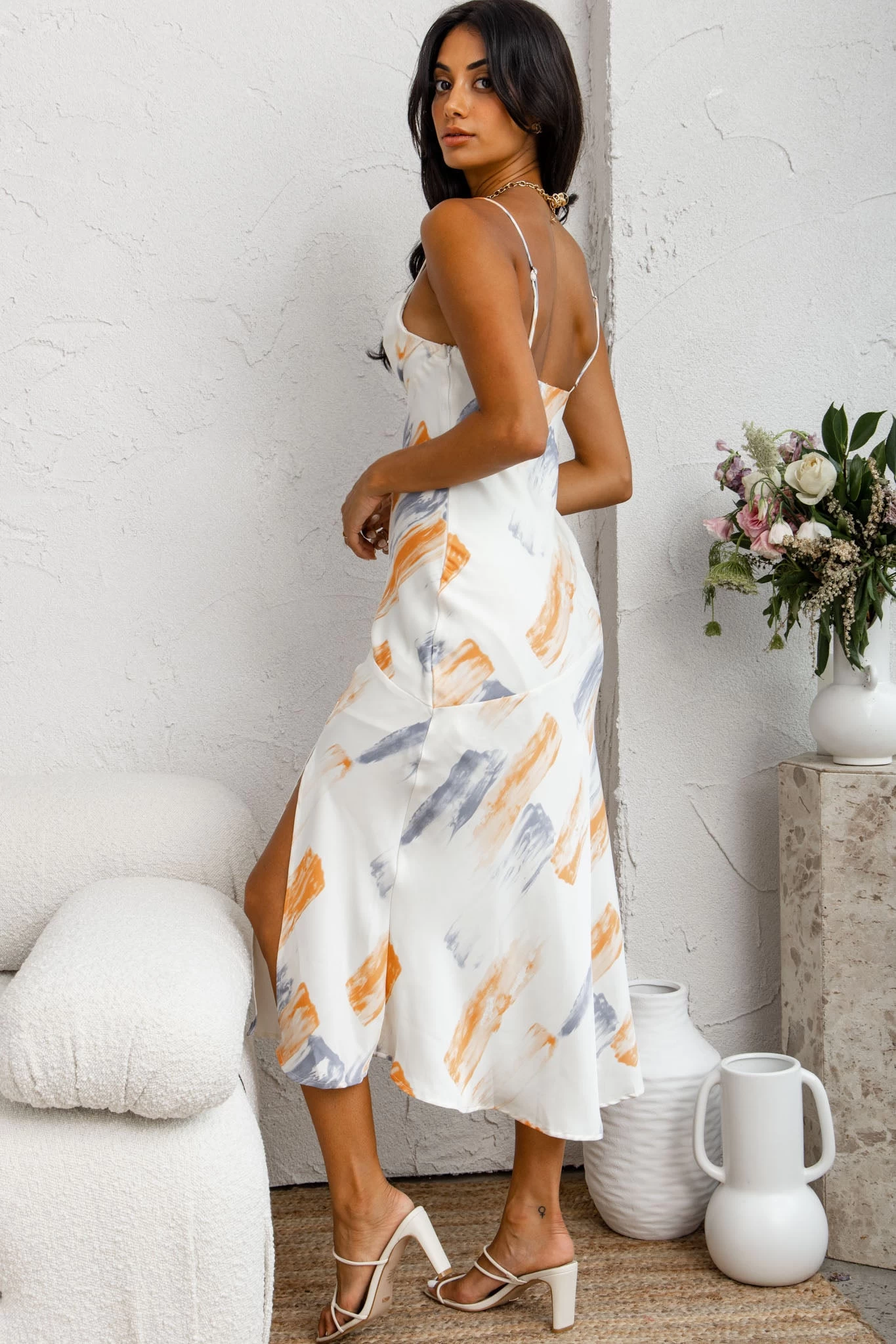 Well Versed Pleated Bust Front Split Dress Paint Print Blue/Orange - Image 3