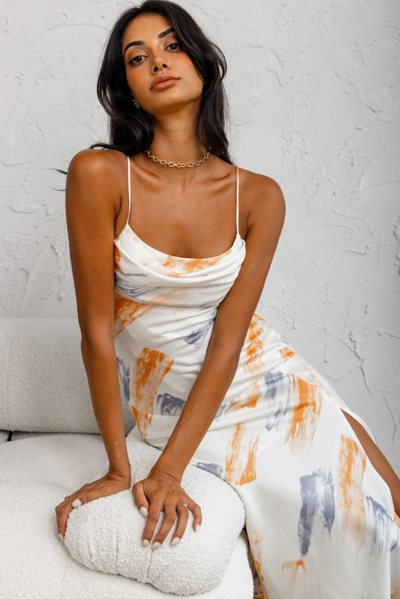 Well Versed Pleated Bust Front Split Dress Paint Print Blue/Orange - Image 4