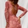 Demure Long Sleeve Open Back Dress Snake Skin Pattern Rose