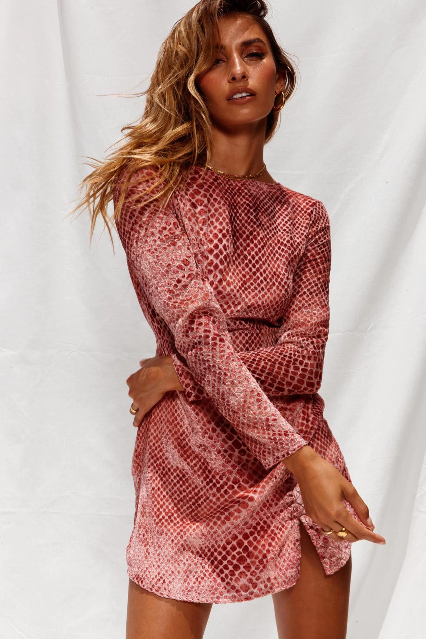 Demure Long Sleeve Open Back Dress Snake Skin Pattern Rose - Image 7