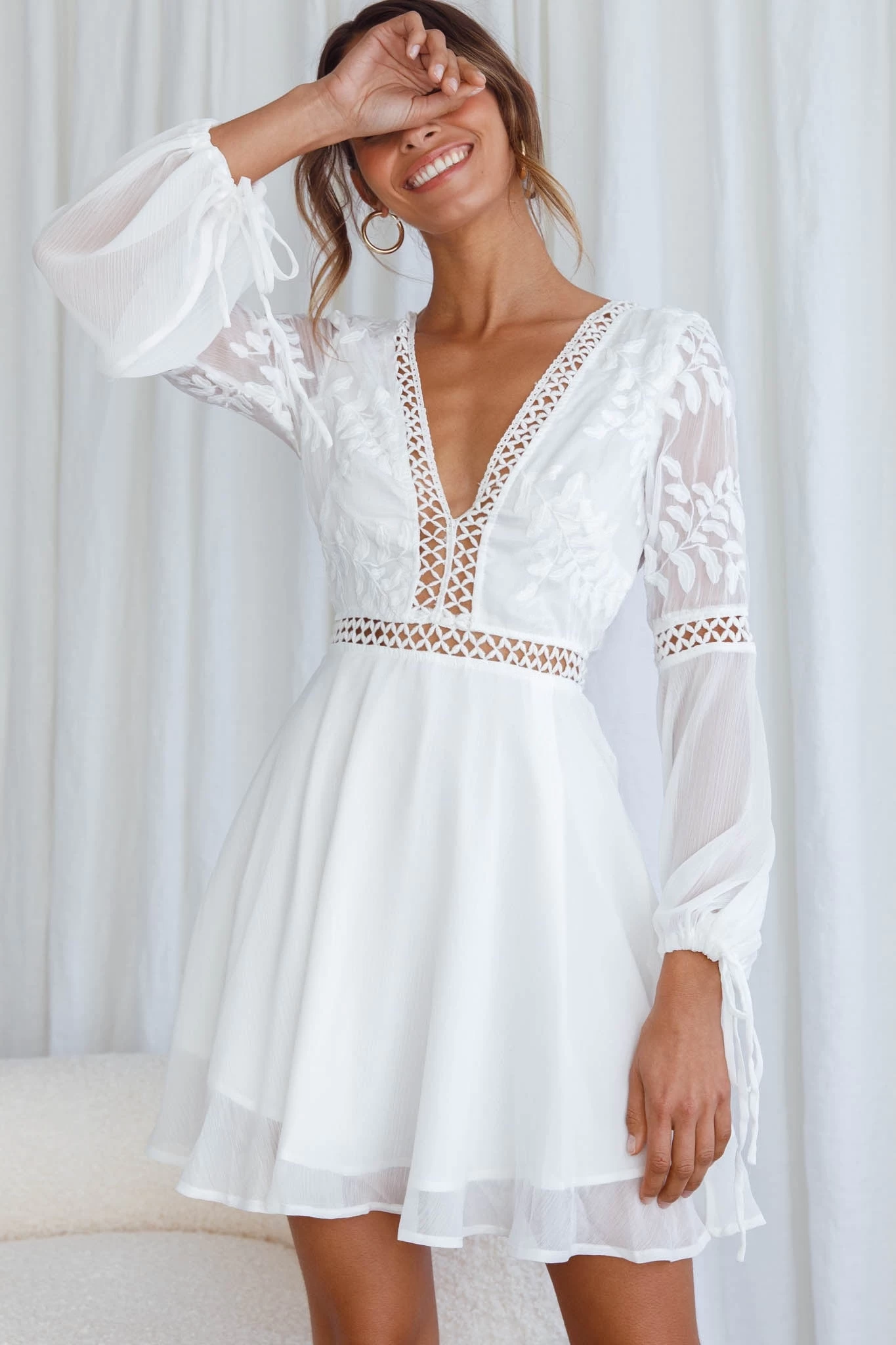 Carson Crochet Bell Sleeve Dress White - Image 13